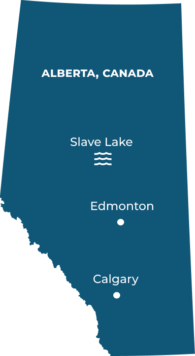 a map of Alberta that shows major cities Edmonton and Calgary in reference to the Slave Lake Region above